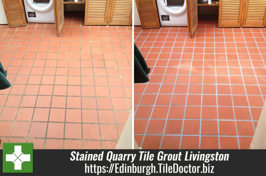 Stained Quarry Tile Grout Cleaned and Coloured in Livingston