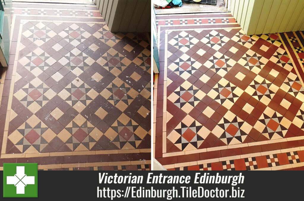 Dirty and Discoloured Victorian Tiled Entrance Cleaned in Edinburgh